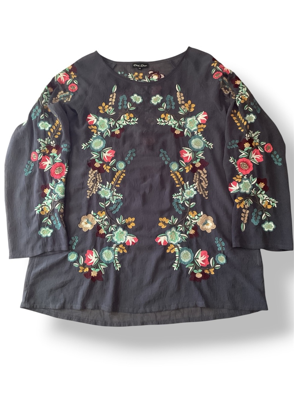 Sheer embroidered  women’s tunic top long sleeve floral textured